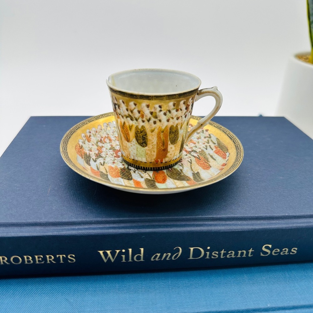 Satsuma Thousand Faces Japanese Porcelain Espresso Cup and Saucer Set Gold READ